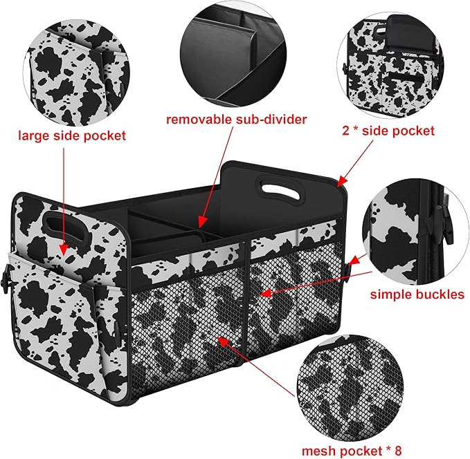 Femuar Car Trunk Organizer,Car Storage Organizer with 72L Large Capacity Waterproof Collapsible and 11 Pockets,Trunk Organizer for Car Suv/Jeep/Sedan, Large Size, Cow print
