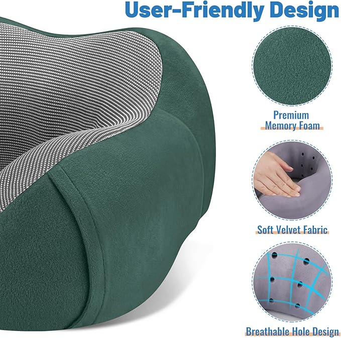 CloudBliss Travel Pillow Premium Memory Foam, Comfortable & Supportive Neck Pillow, Sleeping Neck Pillows for Travel, Airplane Pillow for Sleeping Airplane, Car, Office and Home（Green）