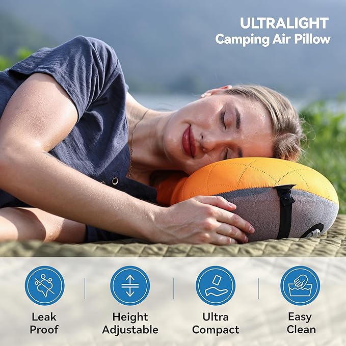 MARCHWAY Ultralight Inflatable Camping Pillow with Soft Washable Cover, Compact Compressible Portable Travel Air Pillow for Outdoor Camp, Sport, Hiking, Backpacking Sleep (Orange)