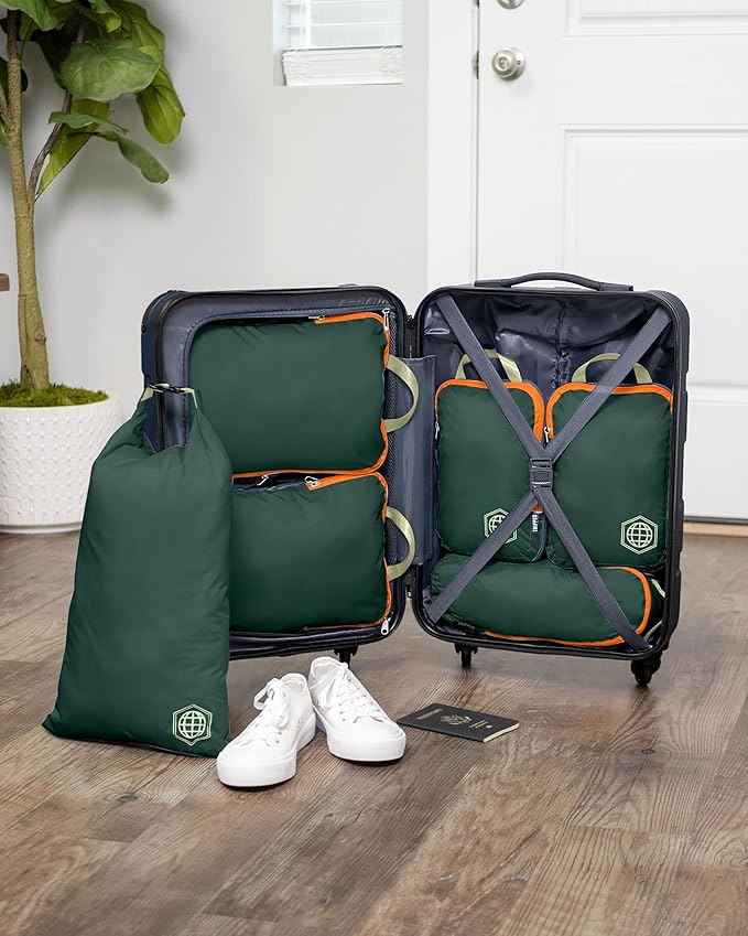 Compression Packing Cubes 6 Piece Set for Carryon Suitcases- Lightweight, Durable Clothes Organizer (Green and Orange)