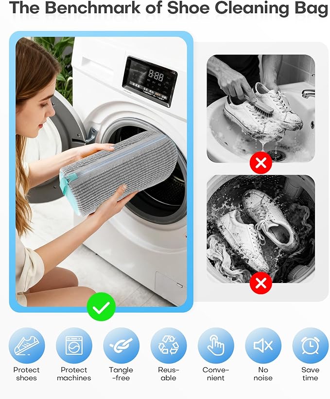 3-IN-1 Laundry & Shoe Washing Machine Bag Kit : Laundry Shoe Bag for Washer and Dryer,Reusable Shoe Cleaning Bag for Sneakers,Tennis,Self-locking Zipper & Microfiber,Include 3 Laundry Bag & 2 Shoe Bag