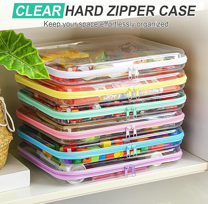 Sanwuta 6 Pcs Clear Hard Zipper Case Plastic Zipper Pouches Transparent Makeup Bag Pencil Case Pouches Toiletry Diaper Bag for Travel Toy Storage Organizer Bins(Assorted Color,13.78 x 11.81 x 2 Inch)