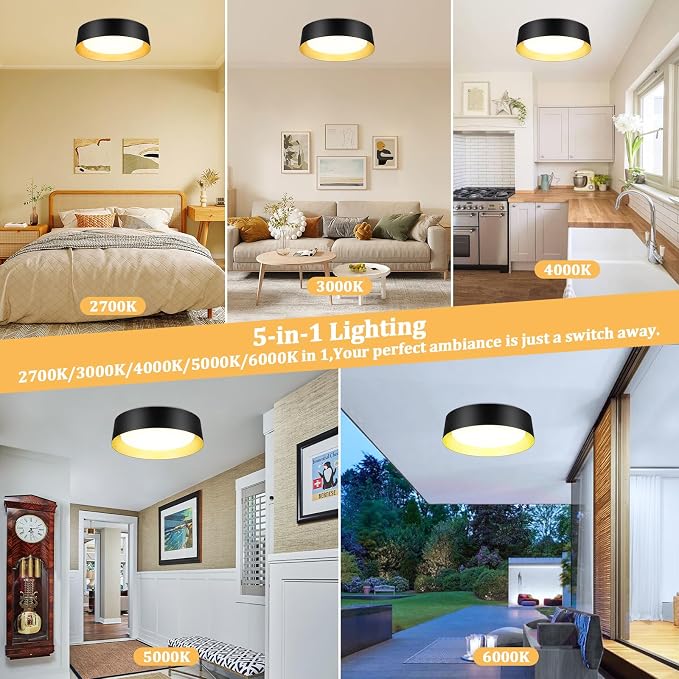 Flush Mount Ceiling Light, 16in Modern Ceiling Light 5 Color Temperature | 30W Bathroom Ceiling Light Fixture, 3000LM Dimmable LED Flush Mount Light for Bedroom, Hallway, Kitchen, Black & Gold, 2-Pack