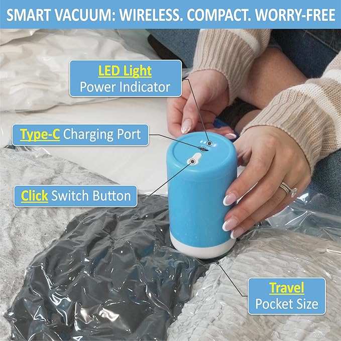 Cozy Essential Travel Vacuum Storage Bags with Rechargeable Cordless USB Pump, Space Saver Bags for Luggage, Suitcase, Carry-On, for Clothes, Blankets, Bedding & Seasonal Storage,12 Combo