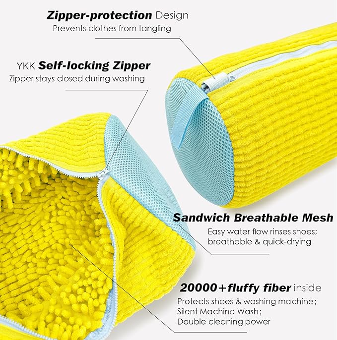 Shoe Washing Machine Bag,Laundry Shoe Bag for Washer and Dryer,Reusable Shoe Cleaning Bag for Sneakers,Tennis Shoes,With Self-locking Zipper, Microfiber Inside,Include Shoe Bag (Pro Yellow - 2 Pack)