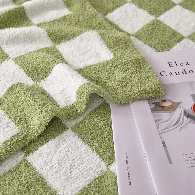 Checkered Throw Blanket, Sage Green Soft Cozy Fluffy Knitted Throw Blankets for Couch, Sofa, Bed, Chair, Warm Fuzzy Travel Picnic Lightweight Plaid Blanket, 50x70 inches
