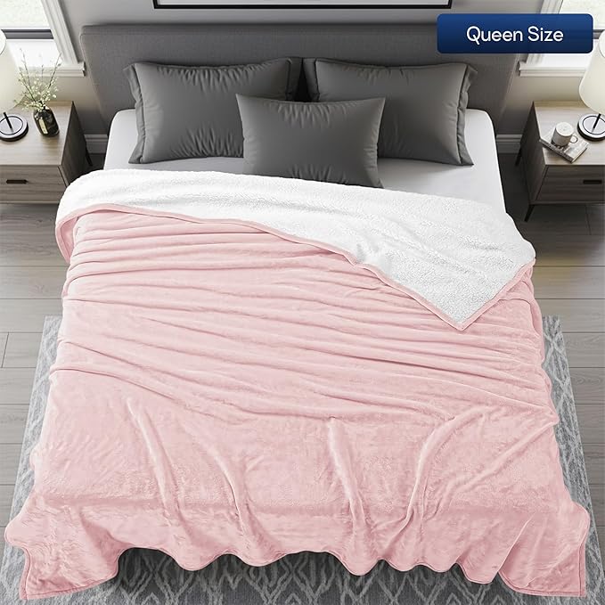 Utopia Bedding Sherpa Blanket Queen Size (Pink, 90x90 Inches) - Soft Lightweight Plush Fleece Reversible Blanket for Bed, Sofa, Couch, Camping and Travel