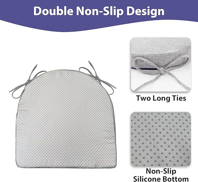 Chair Cushions for Dining Chairs with Ties and Removable Cover, Dining Kitchen Chair Pads with Non-Slip Bottom, High-Resilience Indoor Seat Cushions, 16'' x 16'' x 2'', Set of 4, Light Grey