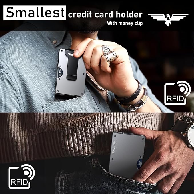 Lenvoten Upgraded Hinged Minimalist Wallet for Men | Slim Metal RFID Blocking Wallet | Credit Card Holder & Money Clip Holds 20 Cards | Premium Scratch-Resistant Finish | Ideal Gift for Men