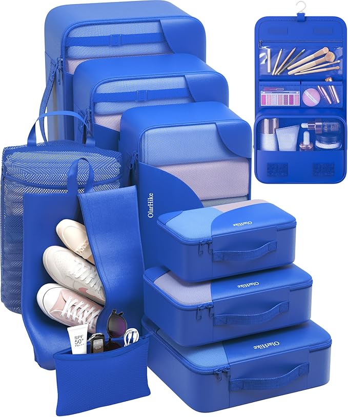 10 Set Packing Cubes for Travel, Gifts for Women Mom,Anti-Tearing Suitcase Organizer for Luggage with Shoe & Hanging Toiletry Bag,OlarHike Vacation Essentials & Accessories for Cruise Ship