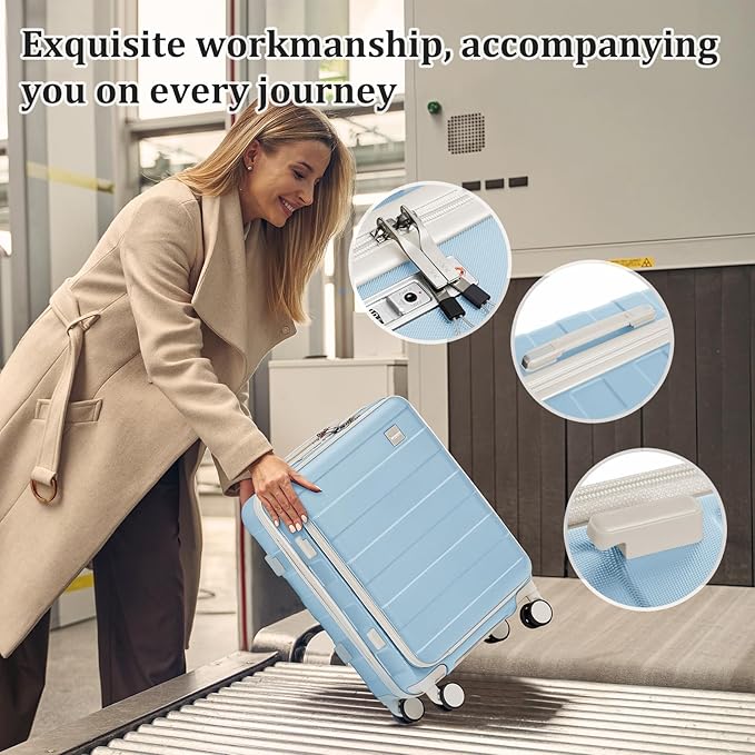 imiomo Carry on Luggage Airline Approved with Front Pocket and USB Port, Hard Shell 20 Inch Travel Carry-on Suitcase with Spinner Wheels and TSA Lock, Blue Beige