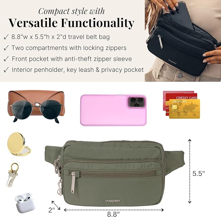 Baggallini Securtex Anti-theft Belt Bag 8.8"x5.5" Crossbody Fanny Pack for Women RFID Wallet Locking Zipper Travel Purse
