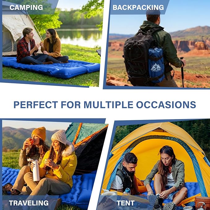 Camping Sleeping Pad with Pillow Built-in Foot Pump Inflatable Sleeping Mat Compact for Camping Backpacking Hiking Traveling - Blue