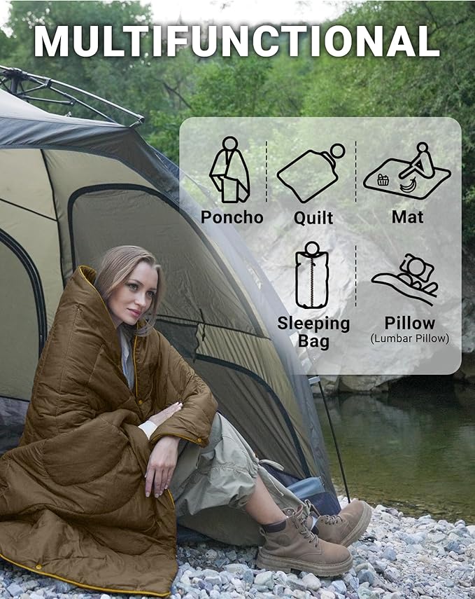 KingCamp Ultralight Camping Blanket, Packable Down Alternative Puffy Wearable Blankets Weatherproof Warm Package Quilt with Snap Buttons for Outdoor Hiking Travel Picnic Stadium (69" L x 53", Olive)