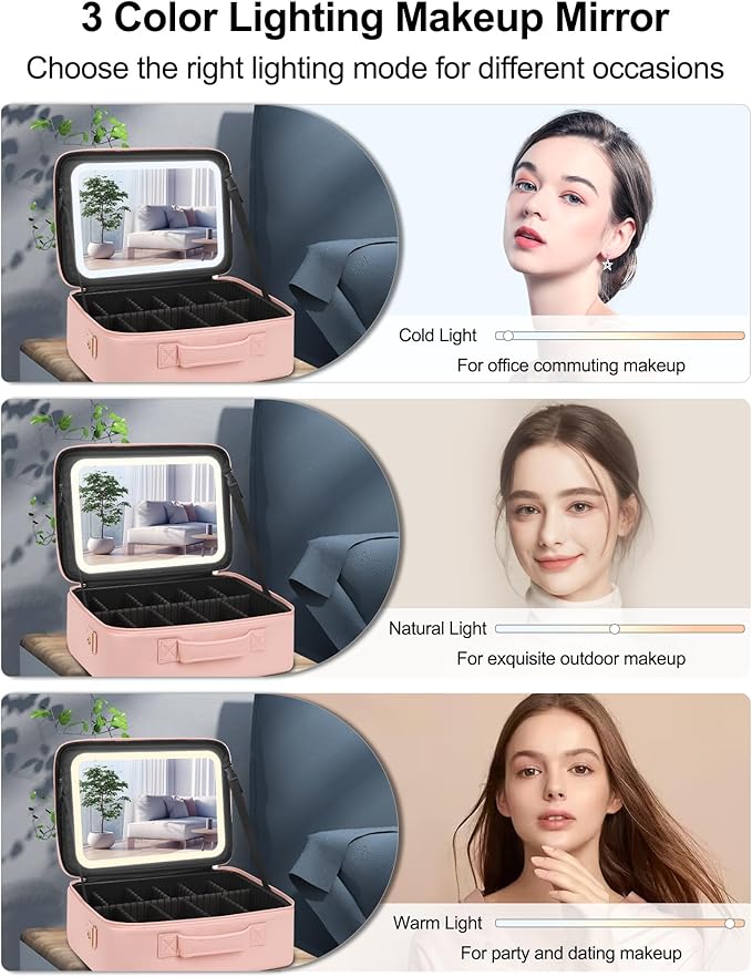 Relavel Makeup Bag with LED Mirror, 16.2 inches Large Professional Makeup Case for Makeup Artists, Travel Portable Cosmetic Organizer Storage Box, Vanity Case with 3 Colors Lighted Mirror, Pink