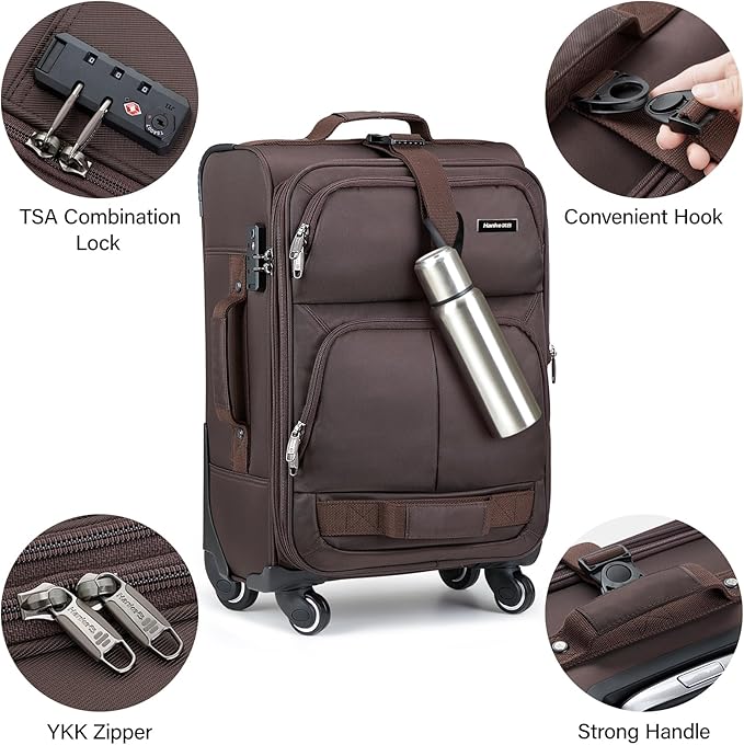 Hanke Luggage Sets 2 Piece Softside Expandable Luggage With Spinner Wheels TSA Lock,Travel Luggage Rolling Suitcase Checked Luggage Coffee(20/28)