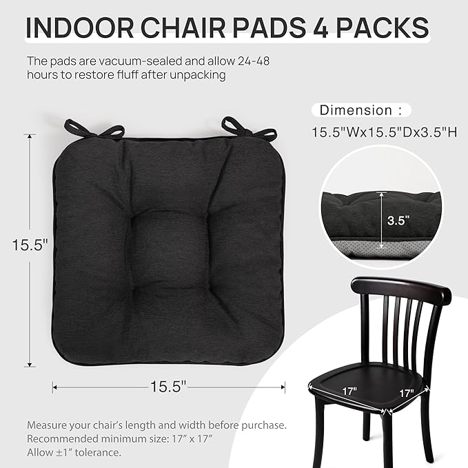 Love's cabin Memory Foam Chair Cushions Set of 4, 15.5"x15.5"x3.5" Indoor & Outdoor Seat Pads for Dining, Kitchen, Office, Patio Chairs - Black