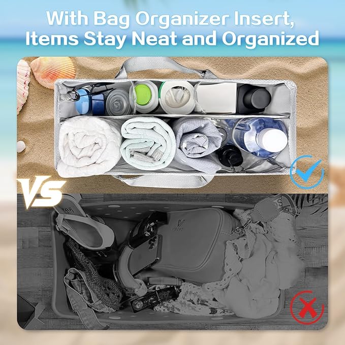 XYFuuee Beach Bag Organizer Inserts for Baby Medium Bogg Bag Accessories with 8 Removable Metal Fasteners, Lightweight Mesh Insert Divider Pouch, Organizing Rubber Tote, Save Storage Space, Gray M