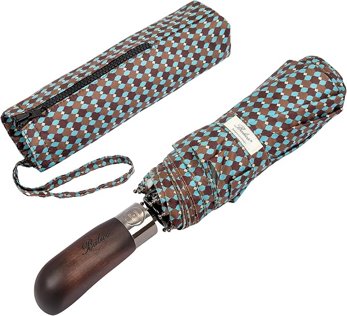 Balios Travel Folding Umbrella with Real Wood Handle Auto Open Close Vented Windproof Canopy - Designed in UK