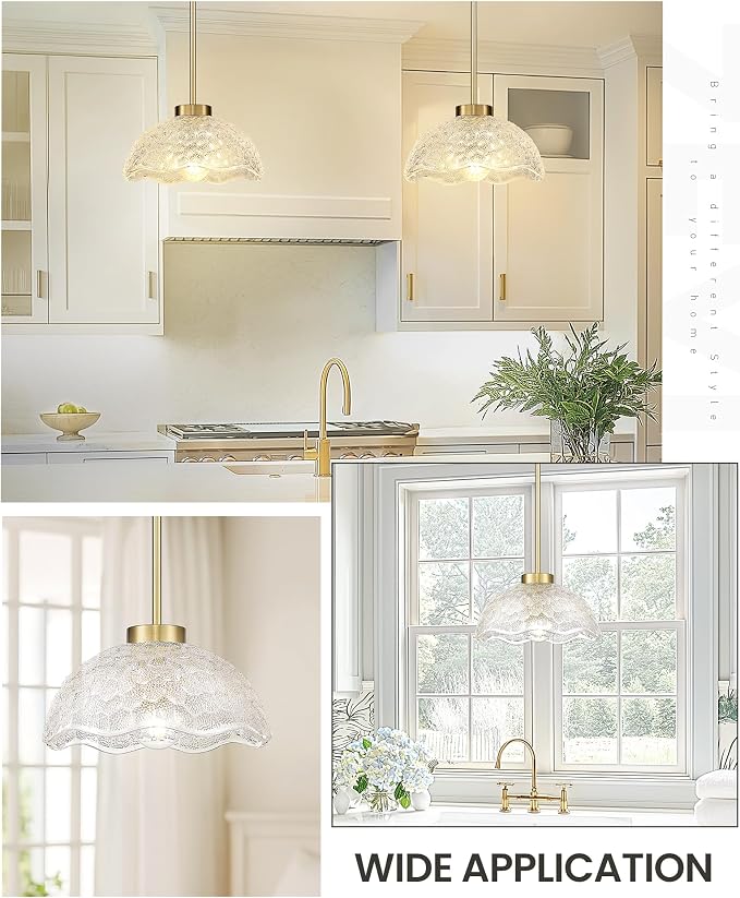 zeyu 10.4 Inch Vintage Single Pendant Light Fixture, Gold Vintage Hanging Lamp, Brushed Gold Pendant Light Kitchen Island with Clear Hammered Glass, ZJX116M1L BG