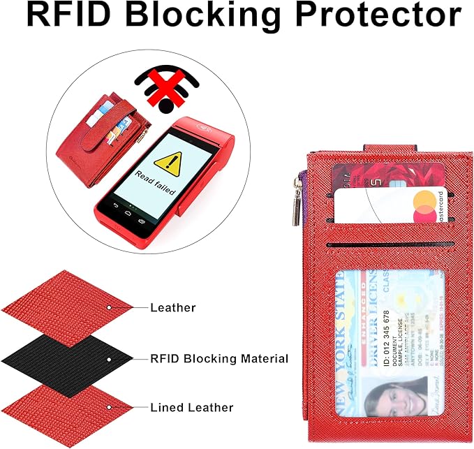 Chelmon Womens Wallet Slim RFID Blocking Bifold Multi Card Case Wallet with Zipper Pocket (Red)
