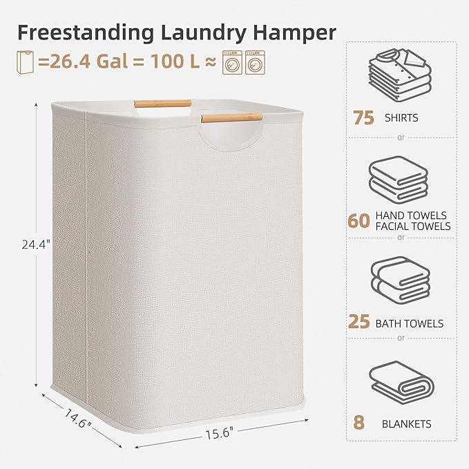 STORAGE MANIAC 1-Pack Large Laundry Hamper, 100L (26.4 Gal) Collapsible Laundry Basket with Bamboo Handles, Freestanding Waterproof Clothes Hamper for Laundry Room, Bedroom, Dorm, Towels, Toys, White