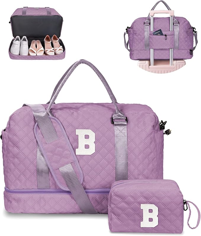 Gifts for Girls-Duffle Bag with Shoe Compartment, Personalized Weekender Bag, Overnight Bags for Women, Letter Travel Bag with Makeup Bag，Tween Girls Trendy Stuff Gift (Letter B)