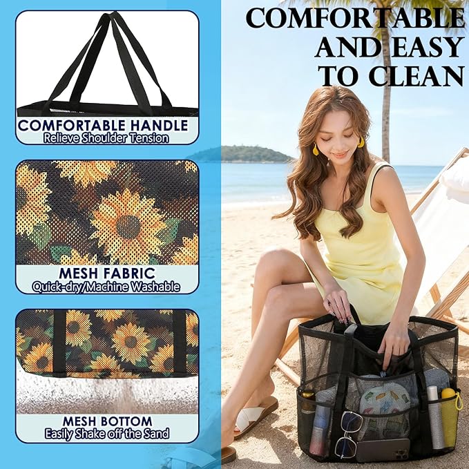 Fammart Mesh Beach Bag, Large Beach Tote with Zipper Pocket, Toys Pool Bag for Family Travel Vacation Cruise Essentials