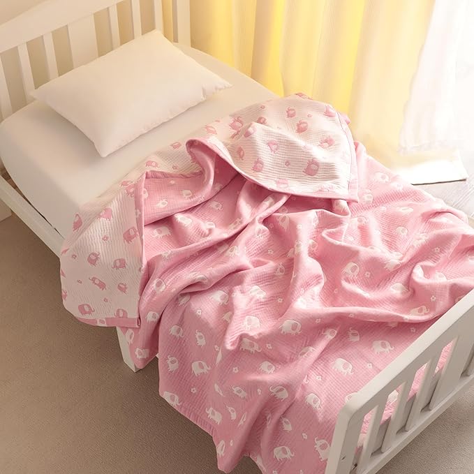 NTBAY 3 Layer Oversized Muslin Cotton Toddler Blanket, Jacquard Reversible Nursery Bed Blanket, Super Soft and Thermal for All Seasons, Baby Gift, 45"x60", Pink Elephant