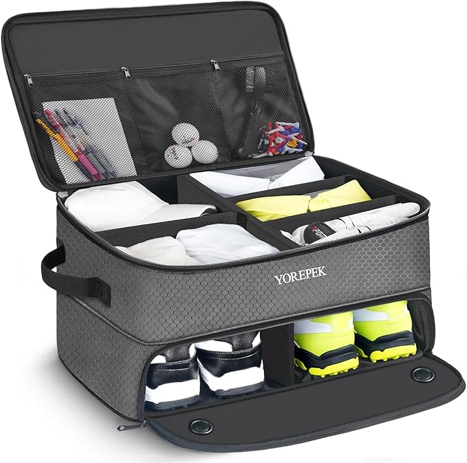 YOREPEK 2 Layer Golf Trunk Organizer, Golf Gifts for Men with Separate Ventilated Compartment for 2 Pair Shoes, Waterproof Car Trunk Locker for Balls, Tees, Clothes, Gloves, Gifts for Golfers