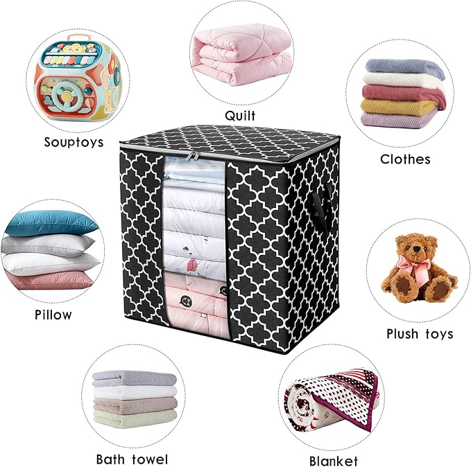 WISELIFE Storage Bags 6 Pack/100L Large Blanket Clothes Organization and Storage Containers for Comforters,Bedding, Foldable Organizer with Reinforced Handle, Clear Window, Sturdy Zippers,Black