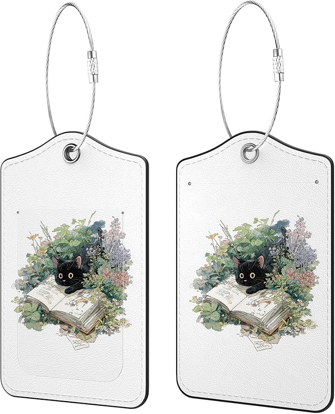 2 Pack PU Leather Luggage Tags for Suitcases, Privacy Protection Cover with Stainless Steel Loop and Address Card, Travel Cruise Essentials (Book Cat)