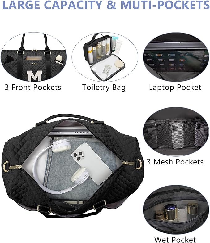 Women Weekender Travel Duffle Bag: Initial Duffel Overnight Bags with Shoe Compartment Large Carry on Tote with Toiletry Bag Weekend Traveling Yoga Gym Hospital Bag for Women with Wet Pocket Letter M