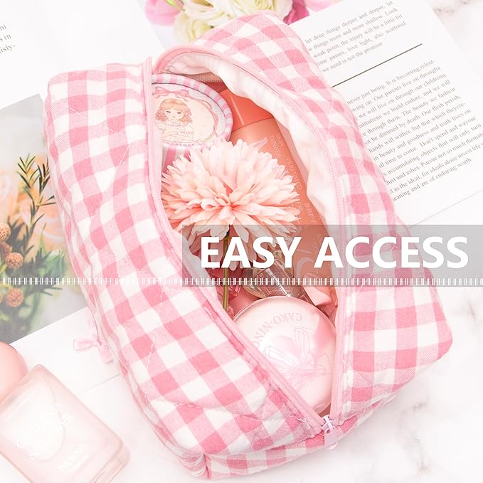 PAZIMIIK 2PCS Cozy Makeup Bag Travel Cosmetic Bag for Women Soft Toiletry Bag Aesthetic Makeup Organizer Portable Large Zipper Pouch for Skincare Beauty Accessories Brushes Pink Checkered