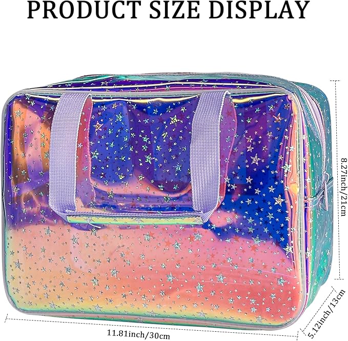 Holographic Purple Star Large Cosmetic Bag and Travel Pouch with Handle,Durable Material,Zipper Design-Ideal for Makeup,Travel Essentials (Purple Handle)