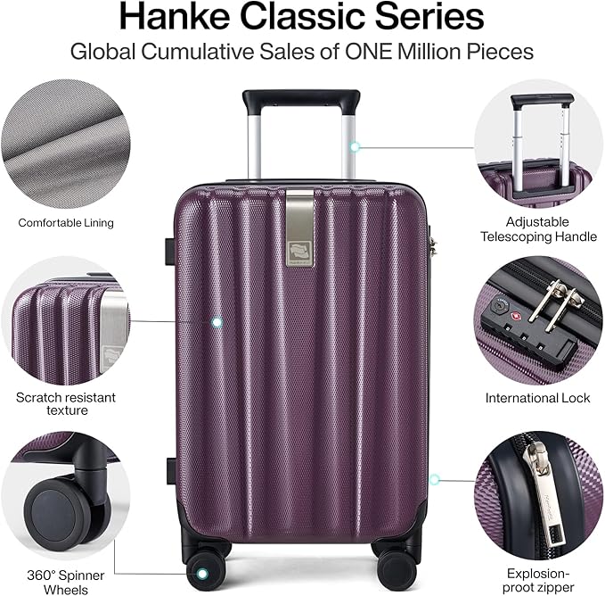 Hanke 20 Inch Carry On Luggage 22x14x9 Airline Approved Lightweight PC Hard Shell Suitcases with Wheels Travel Luggage Rolling Suitcase Travel Luggage Bag Christmas Gifts for Birthday （Purple）