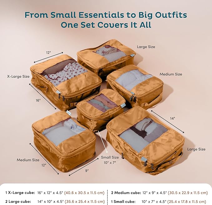 6-Pack Large Compression Packing Cubes for Travel - Lightweight Compression Packing Cube Set, Water-Resistant Luggage Organizer Bags & Suitcase Organizers, Travel Cubes for Carry-On, Checked Luggage
