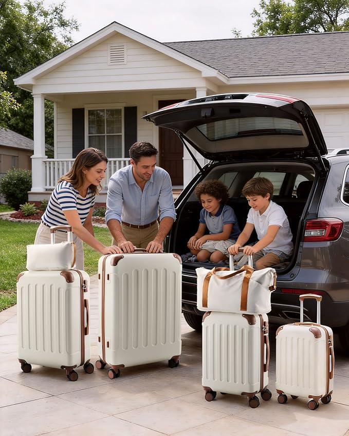 Luggage Sets 6 Piece, Hardside Suitcase with Wheels, TSA Approved,Tote Bag, White Brown