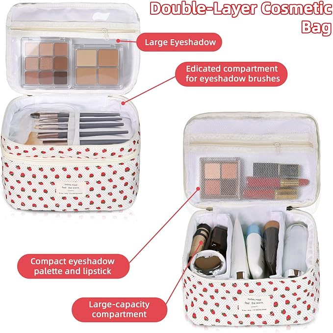 Makeup Bag, Portable Travel Make up Bag, Large Capacity Quilted Cosmetic Organizer Bag, Cute Floral Toiletry Bag for Women Girls (Strawberry)