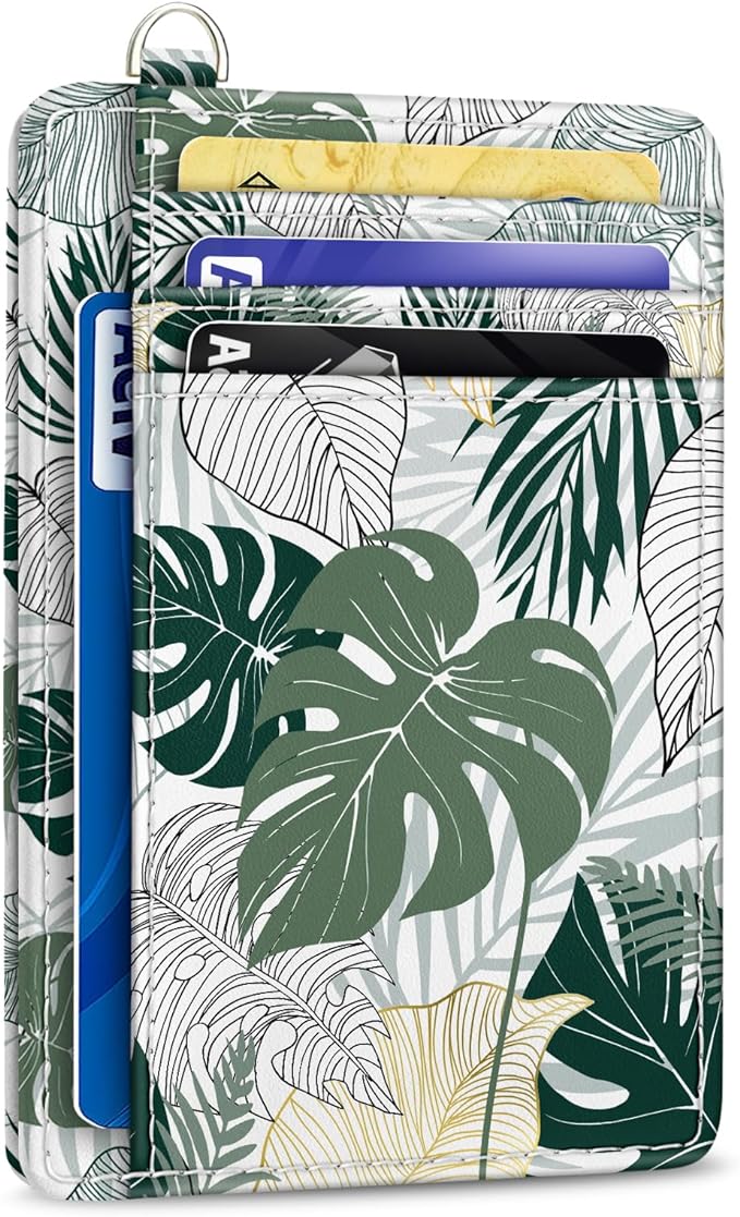 Yonlevres Credit Card Holder Slim Wallet, Tropical Leaf RFID Wallet Women Front Pocket Small Card Holder, Travel Funny Cute Thin Card Case ID Window PU Leather RFID Blocking Card Organizer Gifts Girls