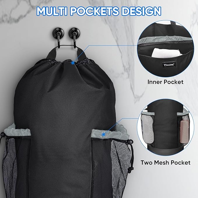 BALEINE 2PK 150L Laundry Bag Backpack, 900D Oxford Fabric Large Travel Laundry Bags with Shoulder Straps and 2 Mesh Pockets for College Dorm, Apartment, Laundromat (Black, 150L)