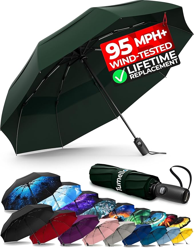 TUMELLA Strongest Windproof Travel Umbrella (Compact, Superior & Beautiful), Small, Wind-Tested, Light & Portable, Automatic Folding Rain Umbrella, Durable Premium Grip, Fits Car and Backpack