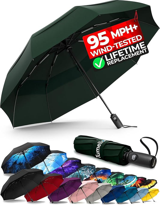 TUMELLA Strongest Windproof Travel Umbrella (Compact, Superior & Beautiful), Small, Wind-Tested, Light & Portable, Automatic Folding Rain Umbrella, Durable Premium Grip, Fits Car and Backpack
