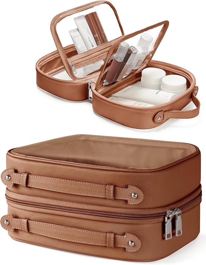 Clear Cosmetic Bag Double Layer Travel Toiletry Bag Clear Makeup Bag Case with 4 Compartments, Transparent Travel Bag for Toiletries, Large Toiletry Bag for Women Cosmetic Case (Brown, Large)