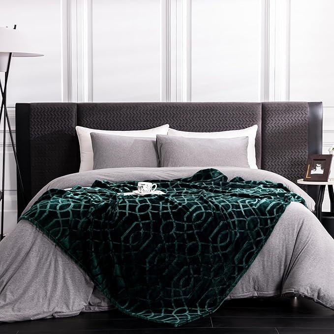 Soft Cozy Fleece Queen Size Blanket, 90x90 Inches – Lightweight Plush Blanket for Bed, Fuzzy 3D Jacquard Design - Forest Green