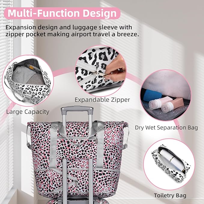 LARVENDER Luggage Sets 6 Piece, Expandable Luggage Hardside PC+ABS Leopard Suitcase Sets with Spinner Wheels TSA Lock, Lightweight Rolling Suitcase for Men and Women, Leopard Pink