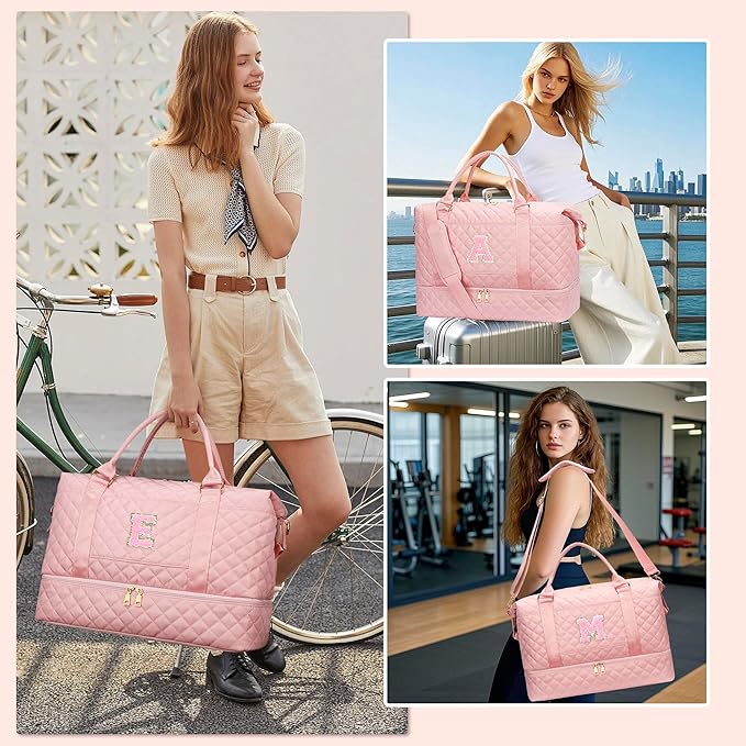 Gifts for Women Teen Girls Birthday Initial Travel Duffle Bag Quilted Weekender Bags Carry-On Overnight with Cosmetic Bag, Gym Bag with Shoe Compartment, Pink-R
