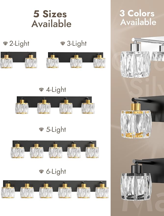VOLISUN Crystal Vanity Lights for Bathrooms, 3 Light Bathroom Vanity Light, Black and Gold Bathroom Light Over Mirror, Modern Bathrooms Lights Fixtures-UL Certificated(Exclude Bulb)