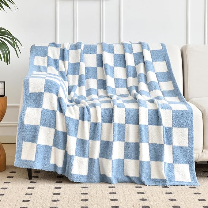 Checkered Blanket, Cozy Soft Throw Blankets for Couch Bed, Fluffy Plaid Lightweight Comfy Travel Picnic Blanket Gifts for Sofa Chair Living Room Camping (Blue, Twin 60"x80")
