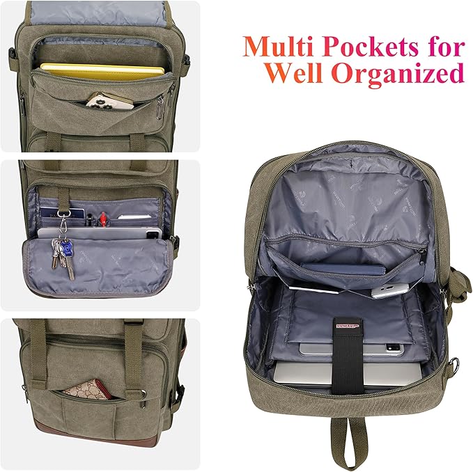 WITZMAN Canvas Travel Backpack for Men Large Laptop Backpack Fit 16 inch Carry-on Airline Approved Convertible Shoulder Rucksack(A6617-3 Army Green)